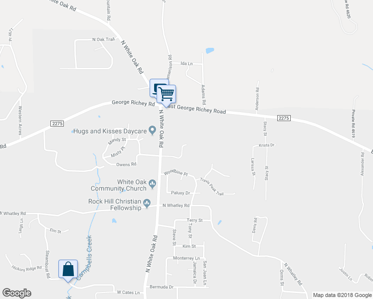 map of restaurants, bars, coffee shops, grocery stores, and more near 114 Wood Creek Court in White Oak