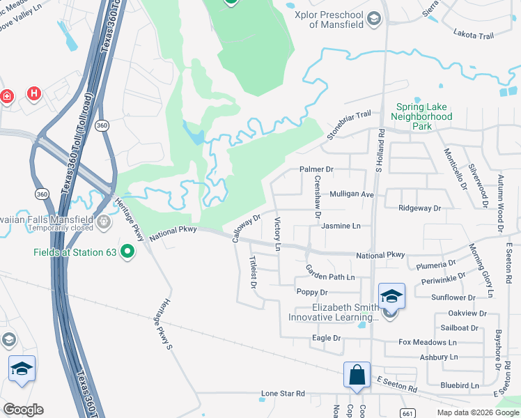 map of restaurants, bars, coffee shops, grocery stores, and more near 4101 Calloway Drive in Mansfield