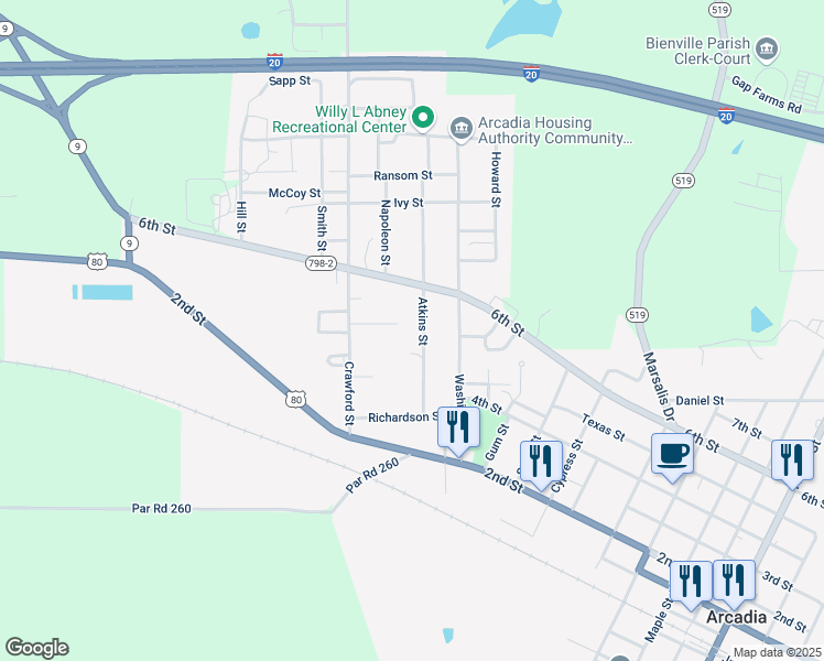 map of restaurants, bars, coffee shops, grocery stores, and more near 1388-1644 Atkins Street in Arcadia