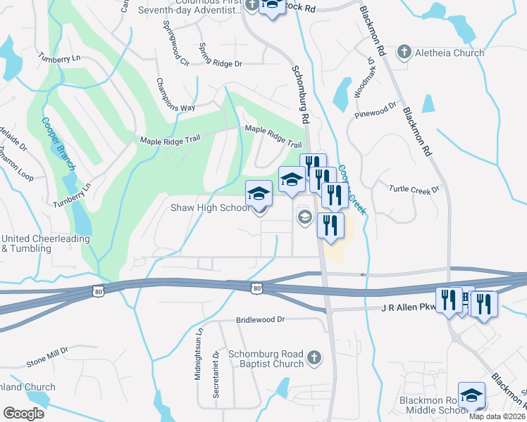 map of restaurants, bars, coffee shops, grocery stores, and more near 7579 Raider Way in Columbus