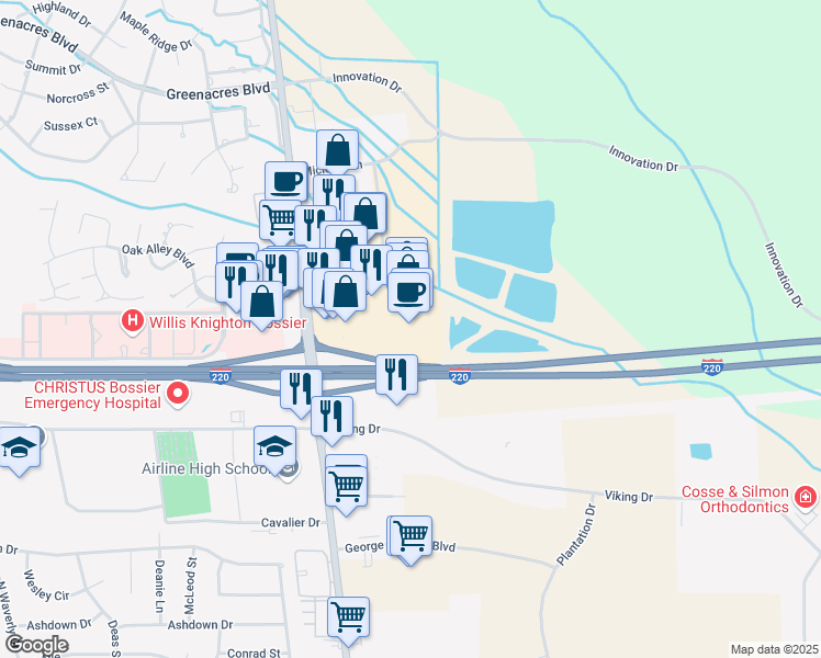 map of restaurants, bars, coffee shops, grocery stores, and more near in Bossier City