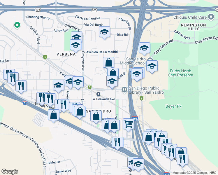 map of restaurants, bars, coffee shops, grocery stores, and more near 4132 Beyer Boulevard in San Diego