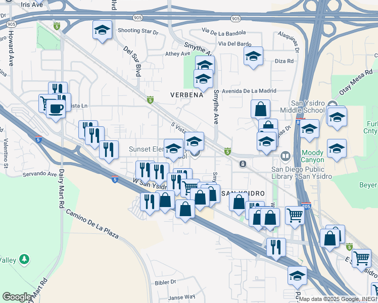 map of restaurants, bars, coffee shops, grocery stores, and more near 3794 Sunset Lane in San Diego