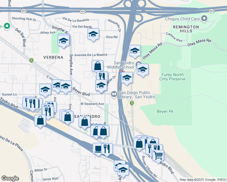 map of restaurants, bars, coffee shops, grocery stores, and more near 4250 Beyer Boulevard in San Diego