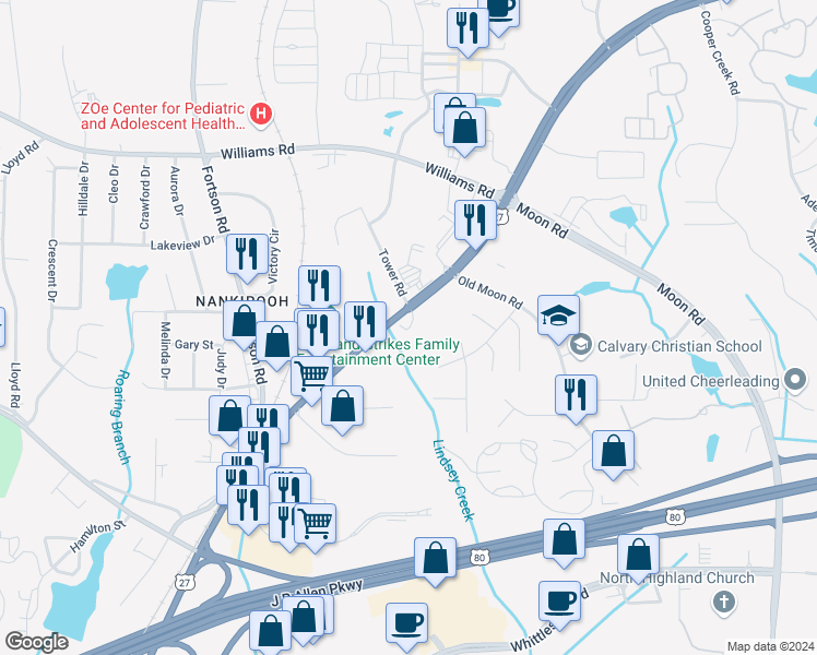 map of restaurants, bars, coffee shops, grocery stores, and more near 7780 Veterans Parkway in Columbus