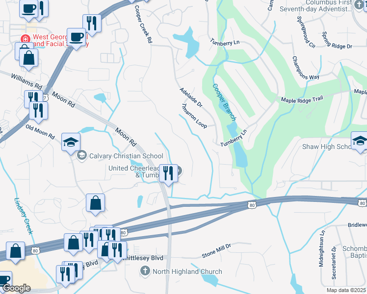 map of restaurants, bars, coffee shops, grocery stores, and more near 7679 Moon Road in Columbus