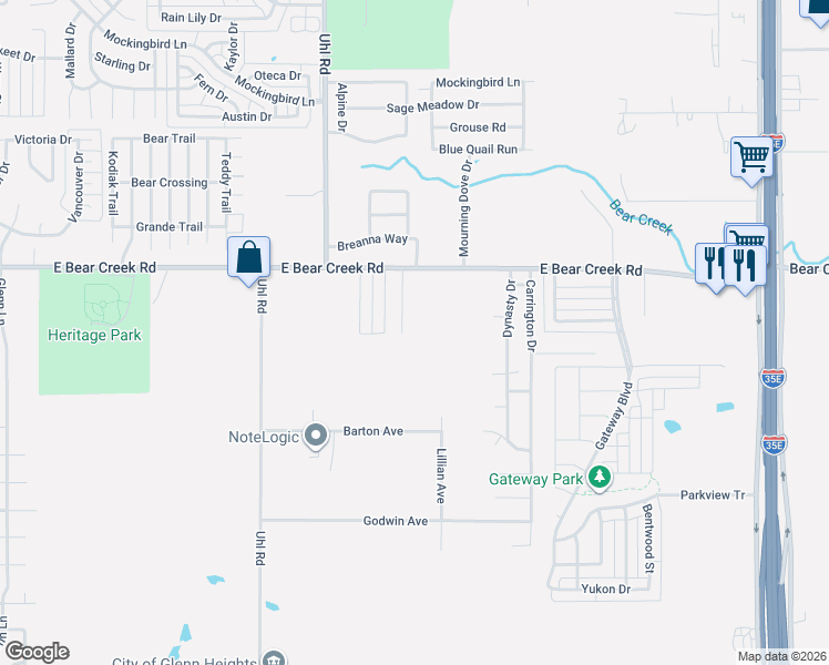 map of restaurants, bars, coffee shops, grocery stores, and more near 932 East Bear Creek Road in Glenn Heights
