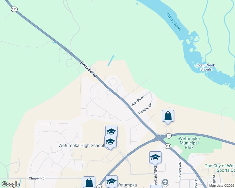 map of restaurants, bars, coffee shops, grocery stores, and more near Alabama 111 in Wetumpka