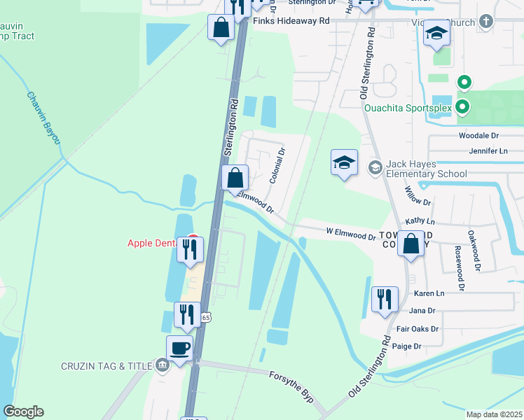 map of restaurants, bars, coffee shops, grocery stores, and more near 59a West Elmwood Drive in Monroe