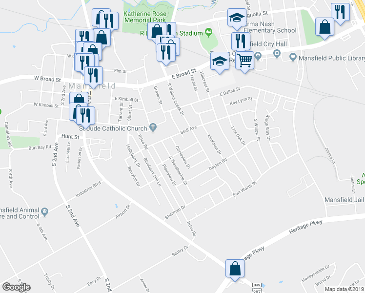 map of restaurants, bars, coffee shops, grocery stores, and more near 619 Prairie View Drive in Mansfield