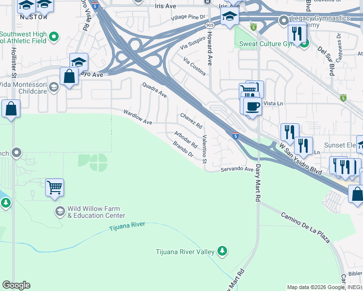 map of restaurants, bars, coffee shops, grocery stores, and more near 2980 Brando Drive in San Diego