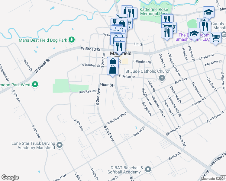 map of restaurants, bars, coffee shops, grocery stores, and more near 504 Patterson Drive in Mansfield