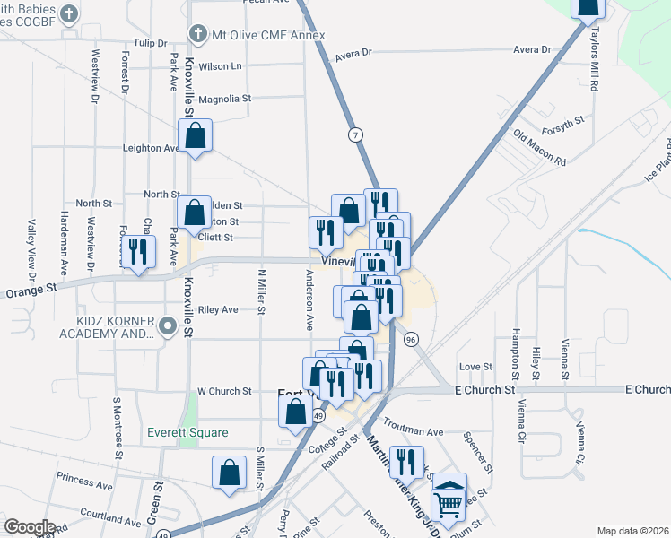 map of restaurants, bars, coffee shops, grocery stores, and more near 301 Vineville Street in Fort Valley