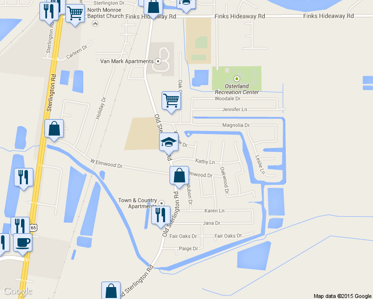 map of restaurants, bars, coffee shops, grocery stores, and more near 24 Willow Drive in Monroe