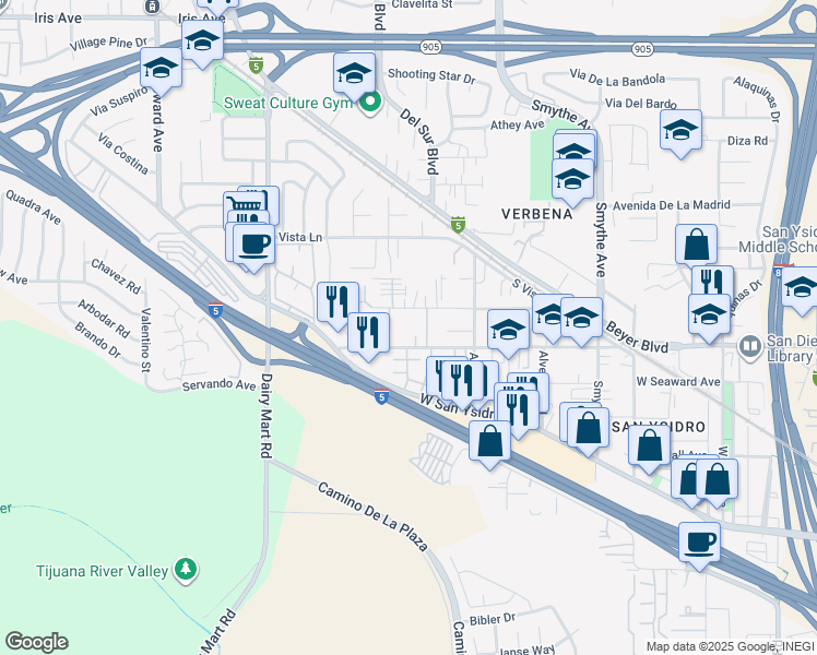 map of restaurants, bars, coffee shops, grocery stores, and more near 3560 Sunset Lane in San Diego