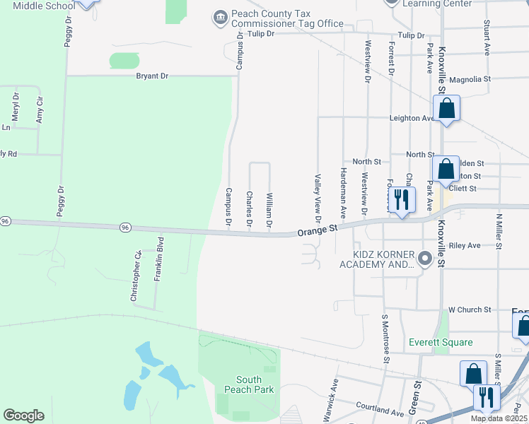 map of restaurants, bars, coffee shops, grocery stores, and more near 407 William Drive in Fort Valley
