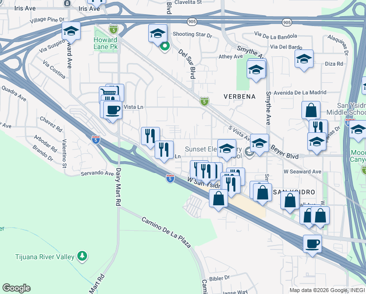 map of restaurants, bars, coffee shops, grocery stores, and more near 3566 Sunset Lane in San Diego