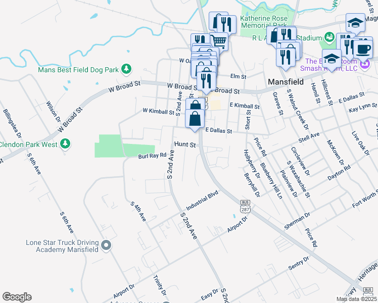 map of restaurants, bars, coffee shops, grocery stores, and more near 504 Patterson Drive in Mansfield