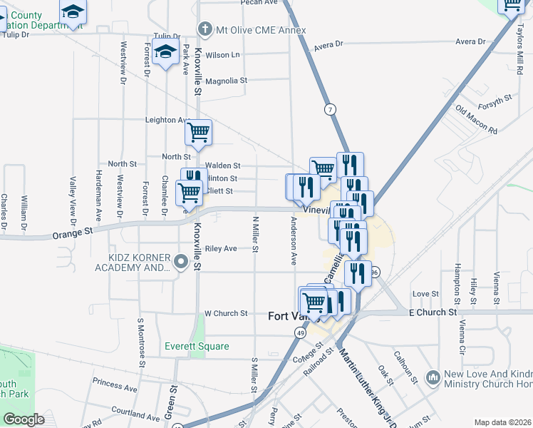 map of restaurants, bars, coffee shops, grocery stores, and more near 411 Vineville Street in Fort Valley