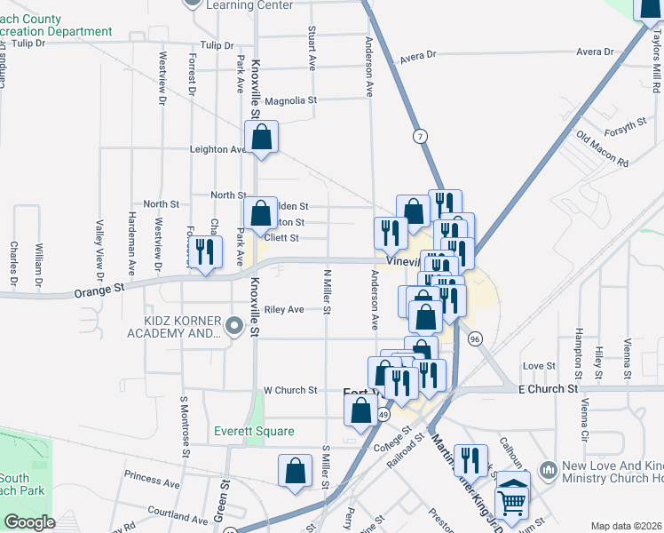 map of restaurants, bars, coffee shops, grocery stores, and more near 411 Vineville Street in Fort Valley