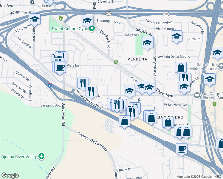 map of restaurants, bars, coffee shops, grocery stores, and more near 525 Pearl Lane in San Diego