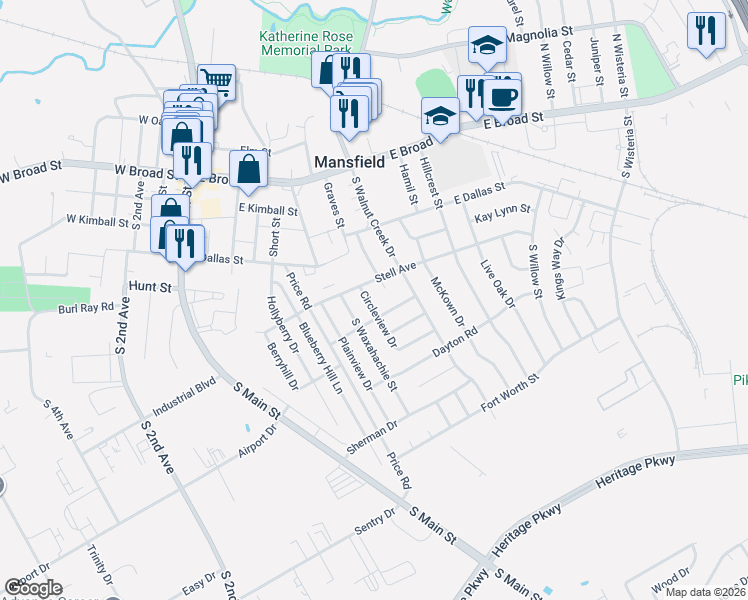 map of restaurants, bars, coffee shops, grocery stores, and more near 501 Circleview Drive in Mansfield