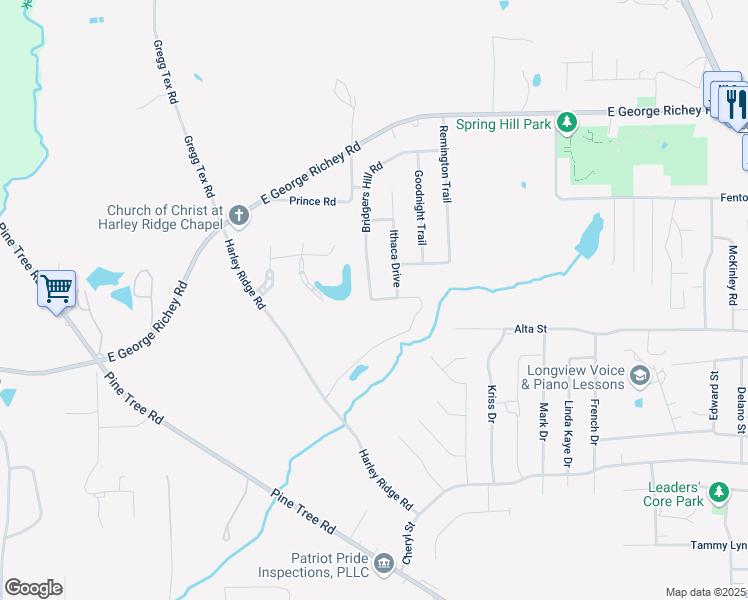 map of restaurants, bars, coffee shops, grocery stores, and more near 112 Colt Street in Longview