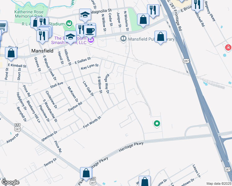 map of restaurants, bars, coffee shops, grocery stores, and more near 607 Bishop Dr in Mansfield