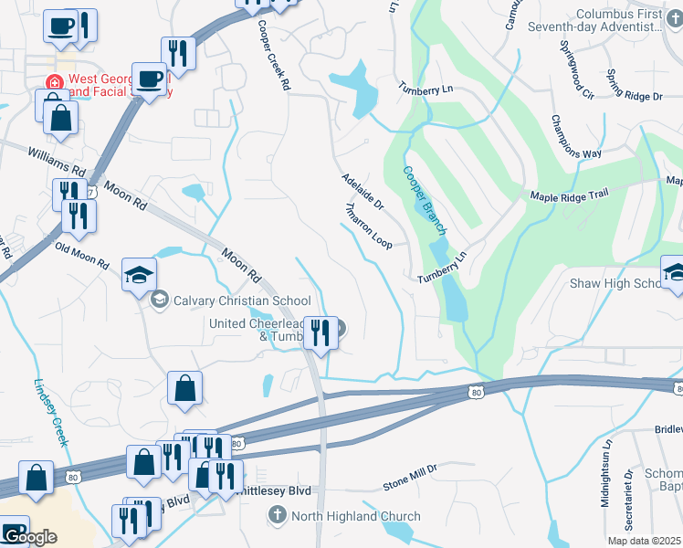 map of restaurants, bars, coffee shops, grocery stores, and more near 7679 Moon Road in Columbus