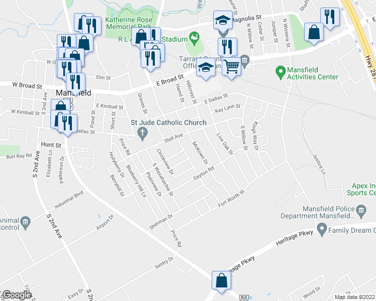 map of restaurants, bars, coffee shops, grocery stores, and more near 501 South Walnut Creek Drive in Mansfield