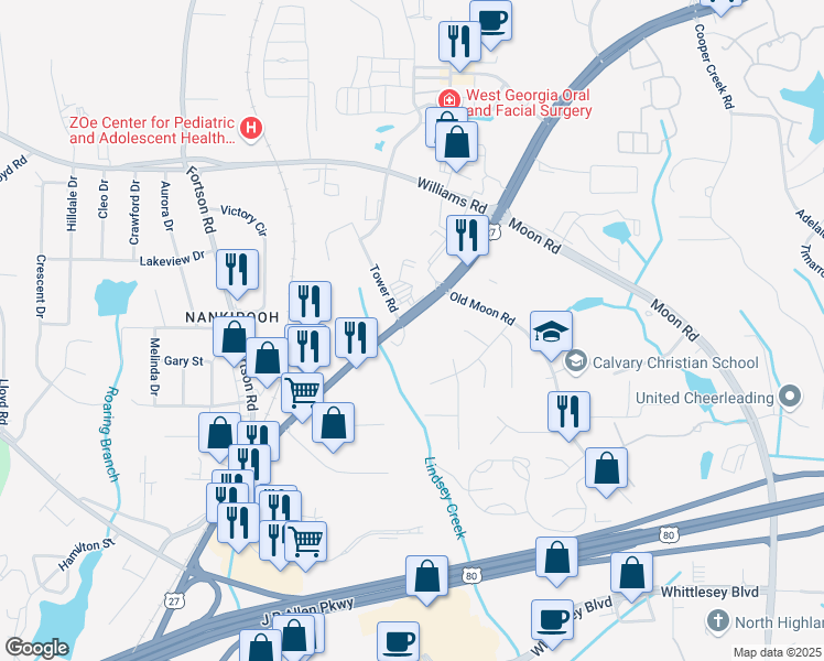 map of restaurants, bars, coffee shops, grocery stores, and more near 7700 Veterans Parkway in Columbus