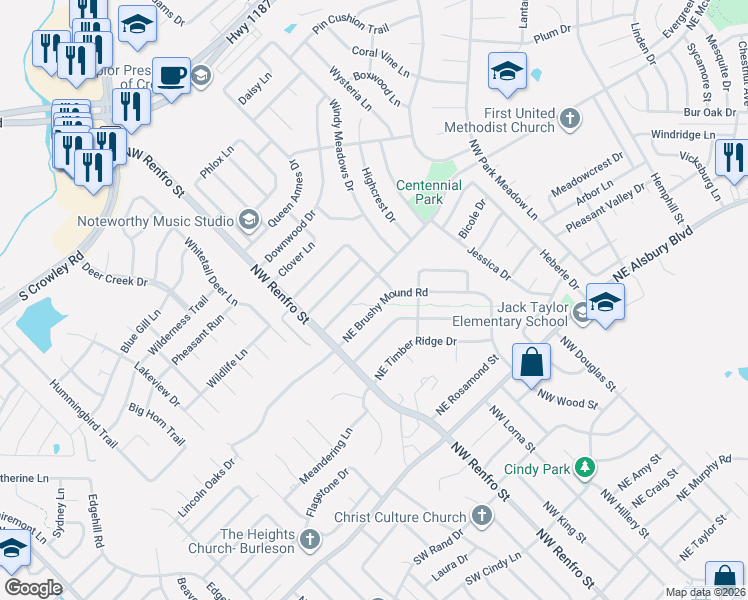 map of restaurants, bars, coffee shops, grocery stores, and more near 133 Northeast Brushy Mound Road in Burleson