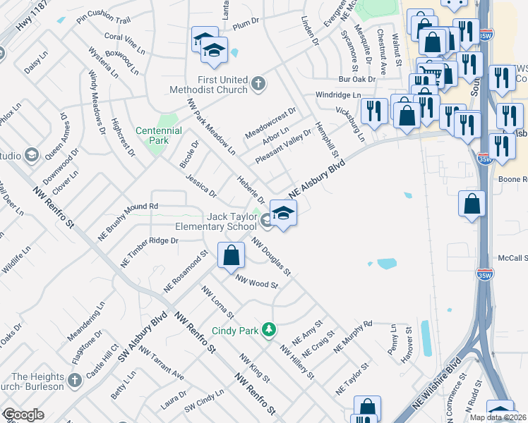 map of restaurants, bars, coffee shops, grocery stores, and more near 801 Heberle Drive in Burleson