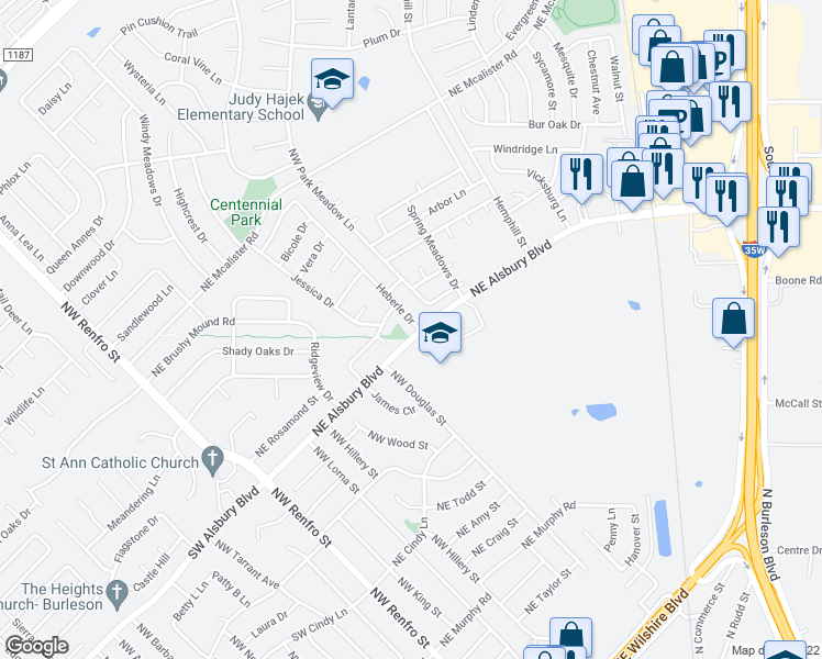 map of restaurants, bars, coffee shops, grocery stores, and more near 801 Heberle Drive in Burleson