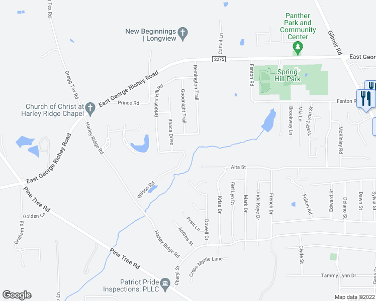 map of restaurants, bars, coffee shops, grocery stores, and more near 410 Ithaca Drive in Longview