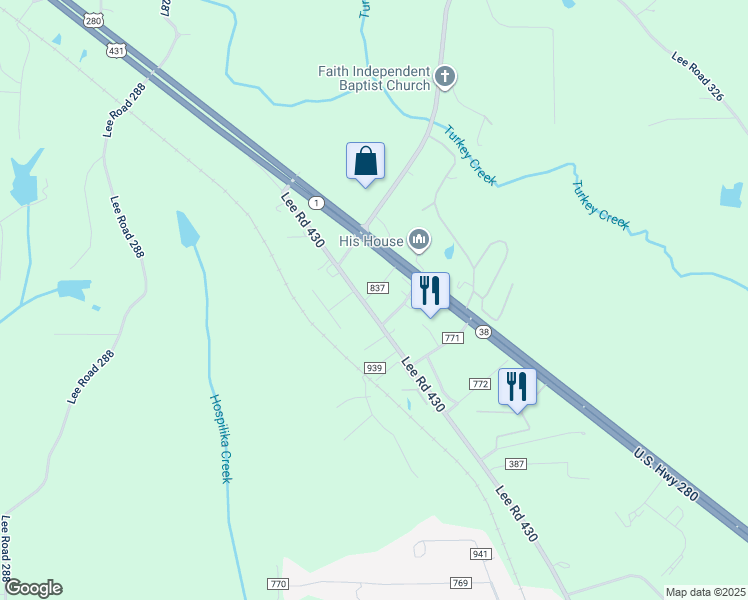 map of restaurants, bars, coffee shops, grocery stores, and more near 1-129 Lee Road 386 in Smiths Station