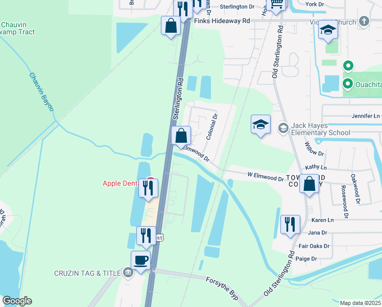 map of restaurants, bars, coffee shops, grocery stores, and more near 59a West Elmwood Drive in Monroe