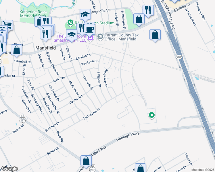 map of restaurants, bars, coffee shops, grocery stores, and more near 601 Bishop Drive in Mansfield