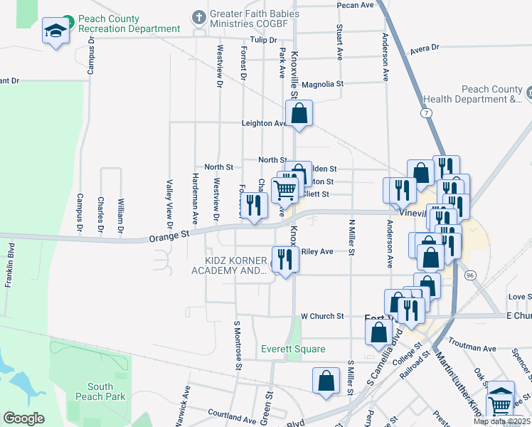 map of restaurants, bars, coffee shops, grocery stores, and more near 404 Chamlee Drive in Fort Valley