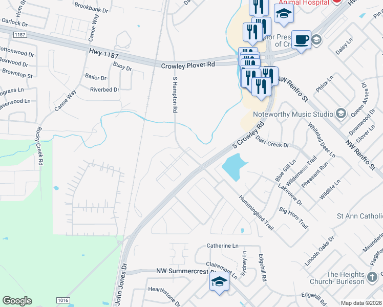 map of restaurants, bars, coffee shops, grocery stores, and more near 1304 Kings Court in Crowley