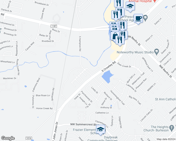 map of restaurants, bars, coffee shops, grocery stores, and more near 1304 Kings Court in Crowley