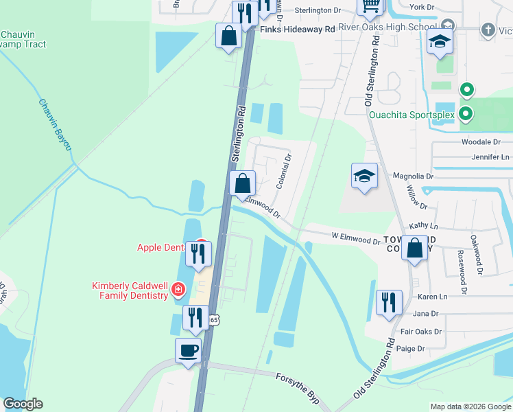 map of restaurants, bars, coffee shops, grocery stores, and more near 59a West Elmwood Drive in Monroe