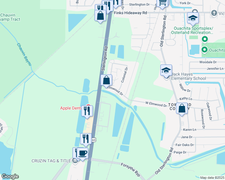 map of restaurants, bars, coffee shops, grocery stores, and more near 63 West Elmwood Drive in Monroe
