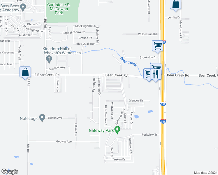 map of restaurants, bars, coffee shops, grocery stores, and more near 1113 Valley View Drive in Red Oak