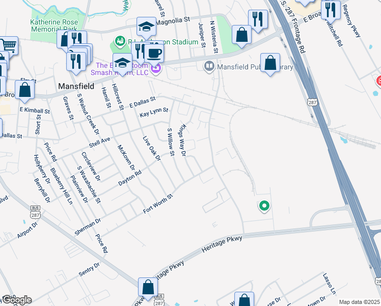 map of restaurants, bars, coffee shops, grocery stores, and more near 607 Bishop Drive in Mansfield