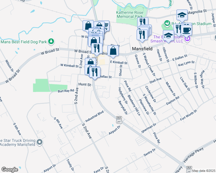 map of restaurants, bars, coffee shops, grocery stores, and more near 511 South Main Street in Mansfield