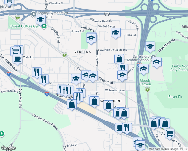 map of restaurants, bars, coffee shops, grocery stores, and more near 3879 Beyer Boulevard in San Diego