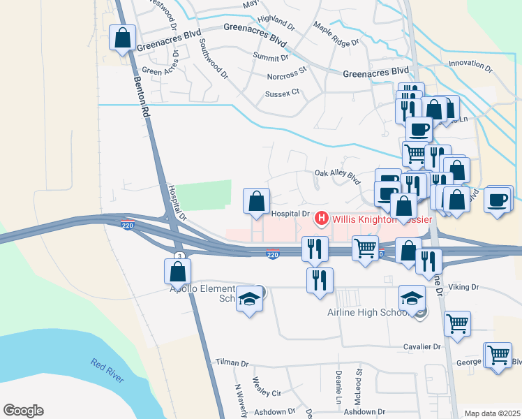 map of restaurants, bars, coffee shops, grocery stores, and more near 104 Vieux Carre in Bossier City