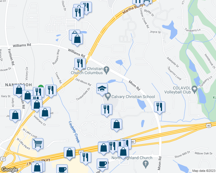 map of restaurants, bars, coffee shops, grocery stores, and more near 7620 Old Moon Road in Columbus