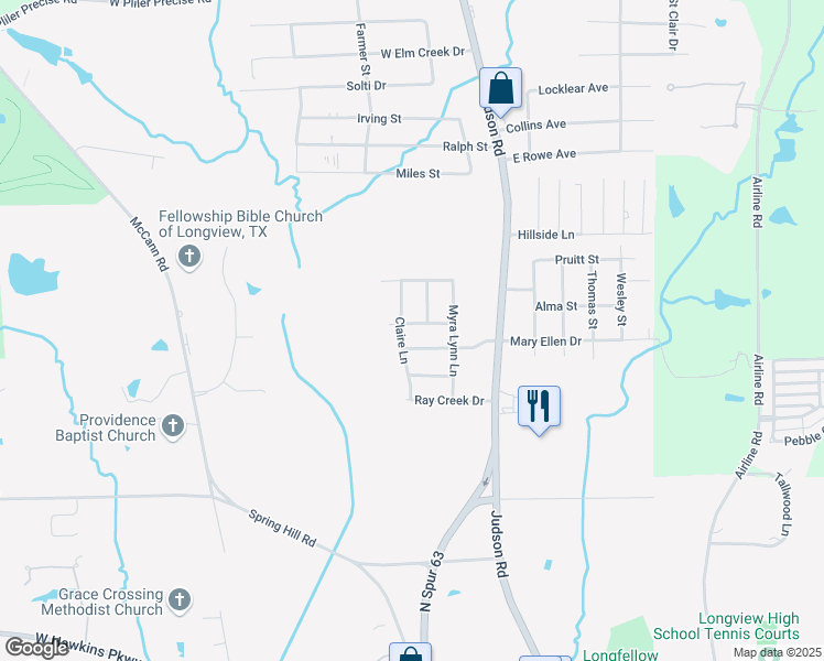 map of restaurants, bars, coffee shops, grocery stores, and more near 306 Cordoba Trail in Longview